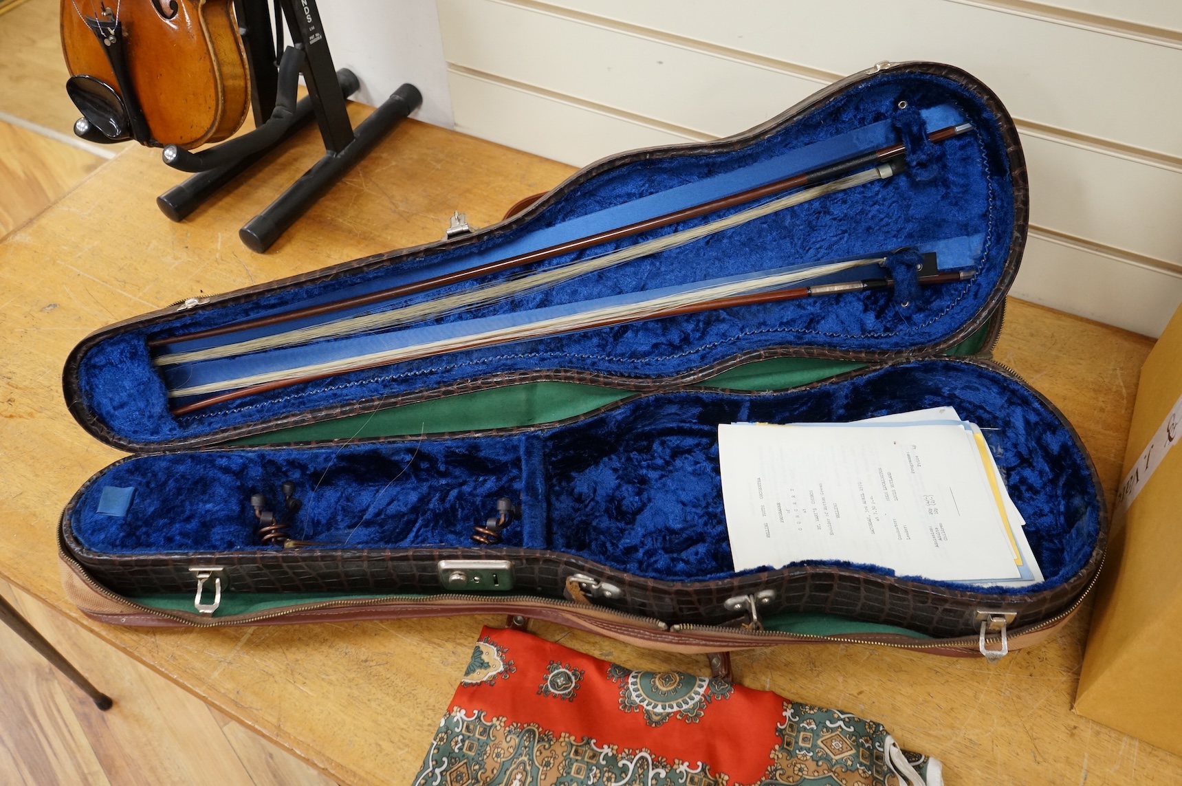 A cased late 19th century violin, Stradivarius copy, with two bows, one fully mounted and signed Roger Lotte, CITES Submission reference, RSF8HBLC